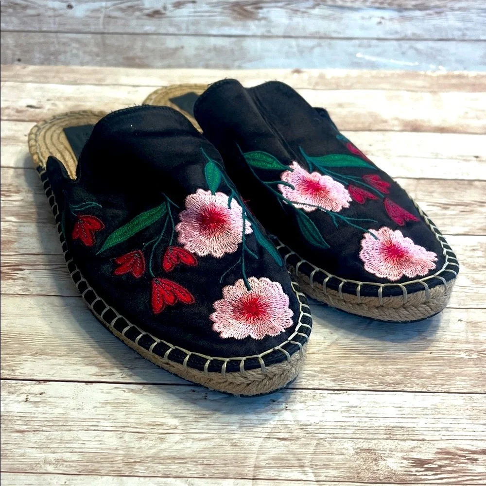 Zara Black Satin Floral Embroidered Espadrilles Size 38